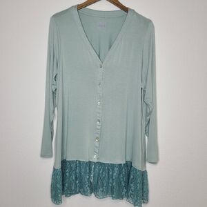 Logo by Lori Goldstein Lace Trim Button Front Lightweight Sweater Teal 1X Plus